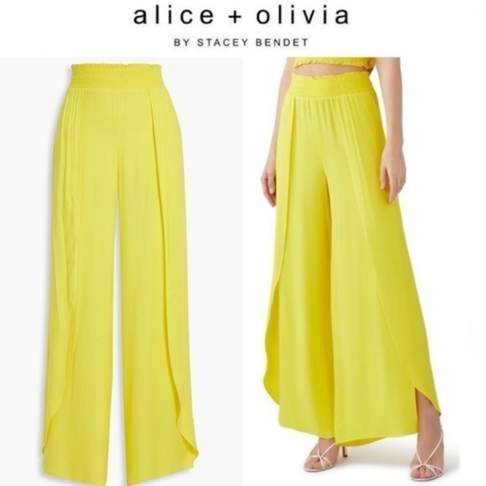 Alice + Olivia Larissa Smocked Waistband Wide Leg Split Pants in Yellow XS